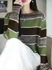 Suéter de tricô com blocos de cor e listras largas, estilo casual para o trabalho, de lã finamente fiada, para mulheres, gola redonda, peça simples, versátil para primavera e outono