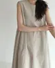 Estilo Perezoso y Fresco Serie Oscura Vestido Largo Estilo Chic Coreano Dobladillo Suelto Sin Mangas Largo Vestido de Algodón y Lino