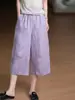 Calças Femininas de Verão Confortáveis Pantalonas Cropped Respiráveis Algodão Linho Cintura Elástica Soltas Modeladoras Artísticas Retrô Casuais