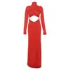 Estilo europeo y americano 2023 otoño e invierno nuevo de moda para mujer cuello alto manga larga sexy hueco ombligo ajustado cadera vestido