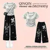 2026 Moda Casual de Verano Dulce Conjunto de Dos Piezas Versátil Único para Niñas con Pantalones de Pierna Ancha de Encaje y Manga Corta Tendencia