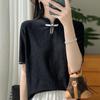 24 nuevas camisetas de manga corta de punto estilo chino para mujer, estilo retro con botones y encaje de lana peinada