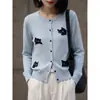 Roupas femininas transfronteiriças 2026 início do outono novo lã moda francesa versátil estampa integral jacquard de gatinho cardigã de tricô gola redonda