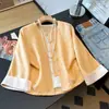 Conjunto de jaqueta vintage estilo chinês novo com mangas dobradas e calças de perna larga de seda para mulheres de meia-idade com garantia de qualidade, redutor de idade, com toque de luxo para o outono
