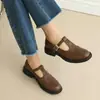 Sapatos Femininos Oxford com Bico Redondo, Sola Grossa, Salto Médio Robusto, Tira em T, Estilo Britânico Simples, Sapatos Femininos Casuais de Bico Baixo