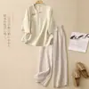 Novo conjunto de algodão e linho estilo chinês de manga curta para mulheres, roupa de verão, conjunto elegante de alta qualidade de calças de linho de perna larga de duas peças para mães