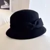 Estilo Francês Vintage Abajur com Fivela Interna Tampa Chapéu Feminino Outono e Inverno Chapéu de Feltro de Lã Australiana Estilo Boneco Chapéu com Laço Chapéu Bacia Tendência