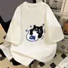 Camiseta de manga corta con estampado de gato comiendo pescado de seda de leche para hombre y mujer, top casual de verano holgado versátil