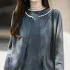 Design levemente maduro color blocking com borda em fio de algodão conjunto de duas peças para mulheres colete + cardigã suéter solto casaco top
