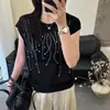 Camiseta de punto de seda helada de manga corta fina con adornos de pedrería para mujer, nueva y única y hermosa, 2026
