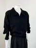 Estilo Old Money Suéter de Punto con Cuello Polo Gris para Mujer Otoño/Invierno de Gama Alta Holgado con Solapas Capa Base Top