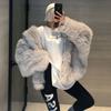 Foto Real de Casaco de Pelúcia Falso de Raposa com Mangas Morcego e Capuz em Couro, Novo para Outono e Inverno, em Estoque