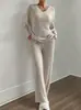 Traje Otoño e Invierno 2025 Transfronterizo Nuevo Hogar Moda Casual Pantalones Rectos Elegante Holgado Cuello en V Raya en Axila Conjunto de Dos Piezas