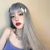 Peruca de Menininha Estudante Cobertura Completa de Cabeça Cabelo Preto Longo Liso Diário Cabelo de Simulação Natural Franja de Ar Qi Cobertura de Peruca