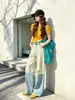 Conjunto Esportivo Casual Estilo Preguiçoso para Mulheres Verão Top Soltinho de Manga Curta Listrado Calça Longa de Pernas Largas Conjunto de Duas Peças
