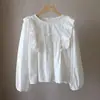 Camisa Elegante de Manga Larga con Volantes para Mujer, Color Sólido, Adelgazante, Antiedad, Estilo Corto, Petite, Puntadas Antiedad, Borde de Oreja