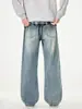Calça Jeans Muqiu Masculina Moda Tendência Listra de Bambu Texturizada Lavada Flare, Unissex Modelagem Solta Retro Perna Larga Longa