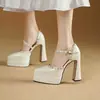 Sandalias de mujer de tacón alto de charol nude con incrustaciones de pedrería, nuevo estilo verano 2026, tacón grueso, plataforma, punta cerrada