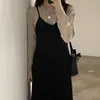En stock Estilo nuevo de otoño e invierno ins coreano vestido de terciopelo plisado corte ajustado vestido de tirantes 18857