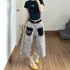 Calça jeans cropped feminina com estampa de leopardo retrô americana, calça larga de cintura alta nova para o outono de 2026, shorts de comprimento médio