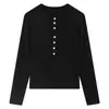 Camiseta Henley de Manga Larga Ajustada para Mujer, Nuevo Estilo Primavera/Otoño, Cuello V Semiabierto, Botonada, Ceñida en la Cintura, Top Elástico Base