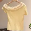 Estilo Puro Desejo Blusa Manga Curta Patchwork de Renda Emagrecedora de Um Ombro 2026 Verão Nova Deslumbrante Moda Slim Fit