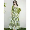 Vestido de Alça com Gola de Renda Solúvel em Água Greenfield Heavy Industry, Corte Justo, Vestido Longo e Vestido Cardigan com Proteção Solar