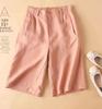Pantalones cortos anchos de algodón y lino para mujer, estilo artístico, de verano, finos, semielásticos, de cintura alta, holgados, adelgazantes, informales, de media longitud.