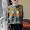 Cardigan de Tricô Retrô Mochi Veludo Gola Redonda Manga Longa Feminino Jacquard Fair Isle Peça de Roupa Externa Outono/Inverno 2026