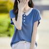 25 anos primavera e verão novo suéter de lapela Tencel liocel camiseta de manga curta feminina com combinação de cores pulôver camiseta básica top