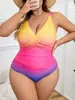 Nuevo traje de baño de una pieza talla grande estilo europeo y americano para mujer, cuello en V degradado, fruncido y plisado, disimula la grasa corporal, talla grande, adecuado para aguas termales y vacaciones en la playa