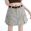 Falda de Mezclilla Naranja Infantil con Estampado de Leopardo para Mujer, de Cintura Alta, Adelgazante, Favorecedora, Versátil Falda Corta para el Trabajo.