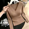 Suéter Minimalista de Punto Trenzado con Cuello en V Estilo Coreano para Mujer Otoño/Invierno Corto Ceñido a la Cintura Capa Estilo Suave Top de Manga Larga para Mujer