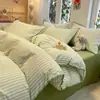Conjunto de Roupa de Cama de Algodão Puro Lavado Tricot Listrado Cinza para Mãe e Bebê Grau A Conjunto de Quatro Peças Lençol de Cama 100% Algodão Capa de Edredom Roupa de Cama