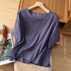 Sudeste Asiático Transfronteiriço Primavera e Verão Tamanho Grande Solto Elegante Casual Literário Retrô Algodão e Linho Gola Redonda Manga Média Camiseta Top