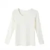 Camiseta Casual de Manga Longa com Gola U em Viscose 260g Estilo Coreano para Mulheres, Camisa Básica Slim Fit de Cor Sólida para Outono, Top Feminino