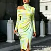 Transfronterizo Nuevo Estampado Digital Casual Personalidad Moda Temperamento Vestido de Manga Larga Hombros Descubiertos Falda Primavera y Otoño Mujer
