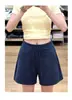 Shorts deportivos finos de cinco puntos color azul para verano para mujer, cintura alta, estilo perezoso holgado, casual, para fitness, pierna ancha, longitud media