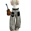 Jeans de mujer con bolsillos de parche de estampado de leopardo retro americano, nuevo estilo de verano, pantalones casuales anchos de pierna recta curvada estilo callejero holgado