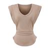Camiseta Sexy de Cor Sólida com Decote V e Manga Curta para Mulheres com Cintura Plissada em Ambos os Lados, Ajuste Slim, Top com Bainha Curva Assimétrica