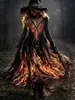 Vestido de Malla de Calavera con Llama de Halloween de Manga Larga con Cuello en V Estilo Bruja Oscura Dobladillo Amplio Vestido de Fiesta