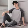 Pijama de Verano para Hombre de Modal con Mangas Cortas y Pantalón Largo Casual Simple Delgado Talla Grande Se Puede Usar Fuera de Casa Ropa de Casa