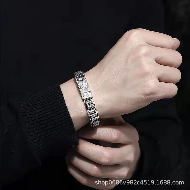 S925泰银男士简约时尚复古手链六字真言路路通转经