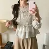 Blusa de gasa estilo coreano para principios de otoño, francesa, suave y dulce, con cintura fruncida adelgazante y mangas de loto 18825