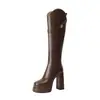 Botas Altas Hasta la Rodilla Retro de Tamaño Pequeño First Encounter para Mujer Tacón Grueso Punta Cuadrada Suela Gruesa Plataforma Impermeable Tacón Alto Adelgazantes Botas Largas