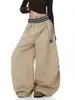 Calça Cargo Casual Listrada Patchwork de Cintura Dupla para Mulheres 2026, Design Vintage Plissado Afinando, Calça de Moletom Wide-Leg