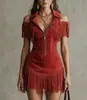 2026 Nuevo Vestido Transfronterizo Y2K Retro Americano de Gamuza con Borlas Hombros Descubiertos Estilo Occidental Vestido Corto Ceñido a la Cintura para Chica Popular