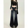 Calça jeans boca de sino azul escuro estilo americano para mulheres, estilo verão para meninas baixinhas, cintura baixa, modeladora, não justa, calça pantalona comprida até o chão
