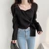 Tops de Otoño en Stock Nicho 2025 Estilo Coreano Blusa Cuello Cuadrado Manga Larga Abullonada Lazo Slim Elegante Camisa de Mujer