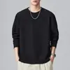 Camiseta de Manga Larga Shanggu para Hombre, Sudadera Holgada de Cuello Redondo para Primavera y Otoño, Camiseta Base Blanca, Cuello Redondo de Color Sólido de Moda